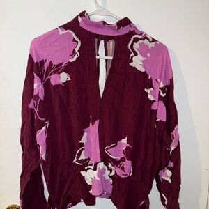 Free People Burgundy and Pink Floral Blouse